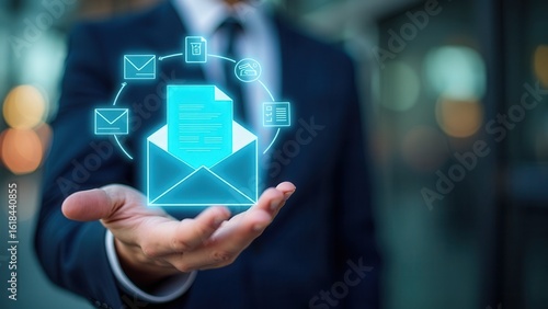 E-Invoice and Digital Billing Notification Concept. Businessman with digital envelope icons with invoice document, representing electronic invoicing, billing automation, online finance.