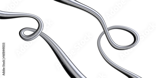 Metal 3D chrome lines featuring abstract liquid spirals and silver gradients. Y2K steel wave patterns for futuristic background designs. Glossy holographic ribbons or dynamic coils for modern art.