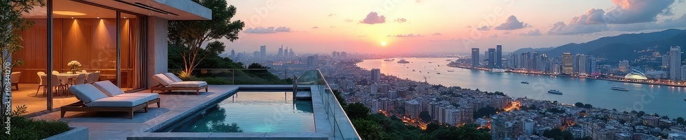 Obraz premium Luxury cityscape holiday villa with panoramic city views, spacious balconies, and modern amenities Perfect for a relaxing getaway or exciting urban adventure , urban, buildings