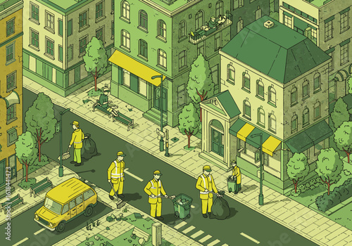 Isometric illustration showing sanitation workers cleaning a city street with buildings, trees, and a car in green tones.