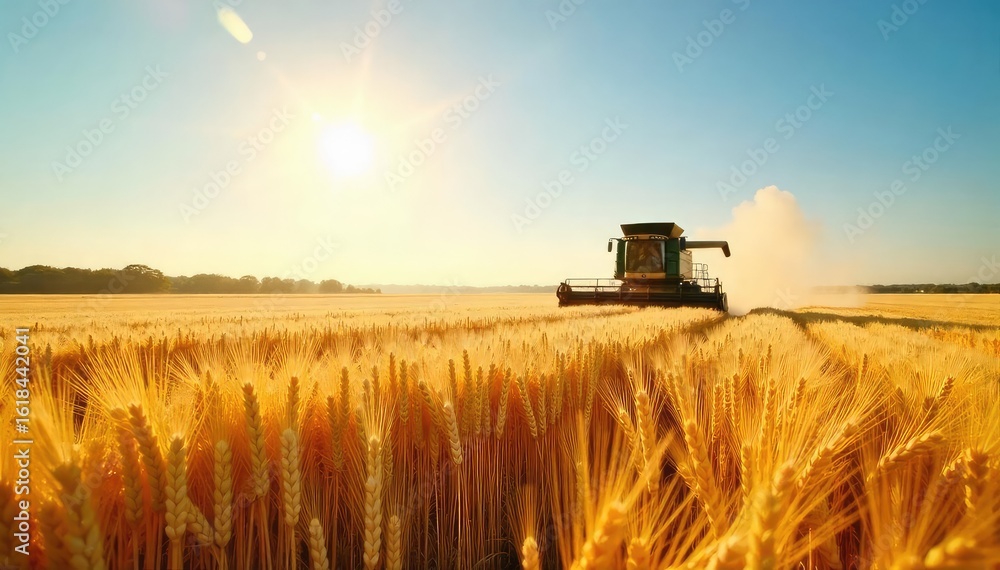 Naklejka premium Golden wheat field under a summer sun, ready for harvest Combine harvester in the distance Abundant crop, ripe and ready for reaping Beautiful rural landscape , farming industry, wheat field
