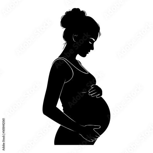 Silhouette vector silhouette of a pregnant woman holding her belly with a bun hairstyle design on transparent background