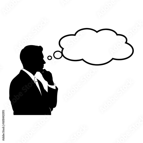 Silhouette vector silhouette of a thoughtful man in a suit with a blank thought bubble above him on transparent background
