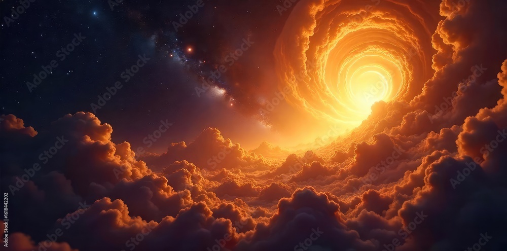 Obraz premium Golden rays illuminate a celestial landscape, swirling nebulae and distant galaxies forming a breathtaking backdrop Perfect for religious, spiritual, or fantasy projects , rays, spiritual, infinite