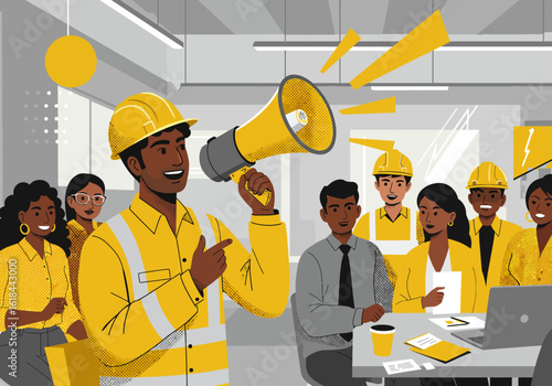 Construction worker speaks into a megaphone, addressing his team in a meeting room.