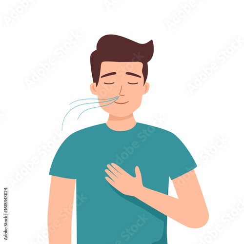 pretty young man. Young man doing breathing exercise. care. Awareness, mindfulness and meditation. Flat vector illustration isolated on white background