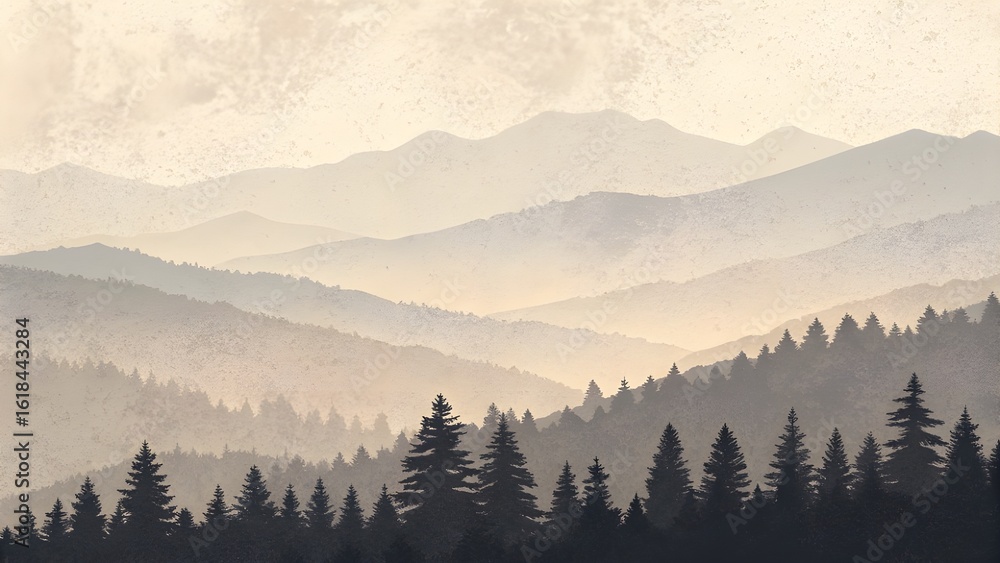 Fototapeta premium Misty mountain range with evergreen forest silhouette at sunrise