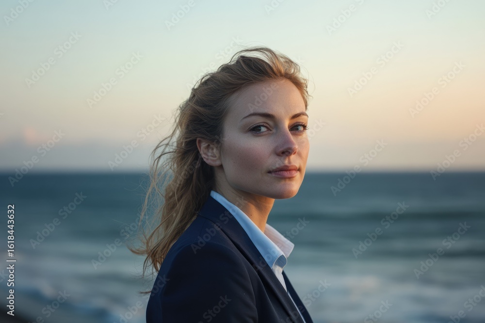A young woman in a business suit stands by the ocean, gazing thoughtfully at the horizon during a serene sunset. A young woman in a business suit stands by the ocean, gazing thoughtfully at the horizon during a serene sunset.