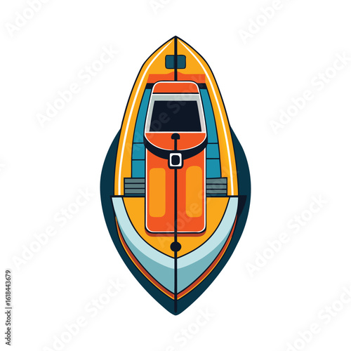 Top-down view of a yellow and orange motorboat on blue water