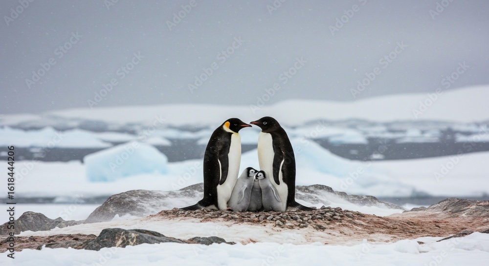 Obraz premium Emperor penguin couple caring for their fluffy chick on the ice, a portrait of family bonding in Antarctica.