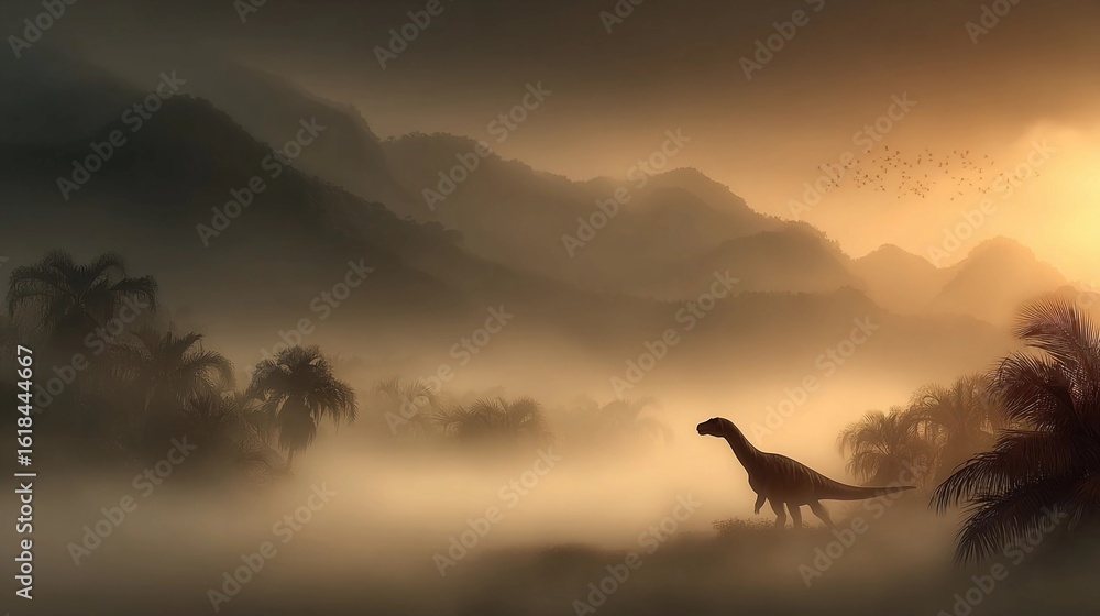 Naklejka premium Dinosaur explores misty landscape at dawn with mountains and trees in silhouette