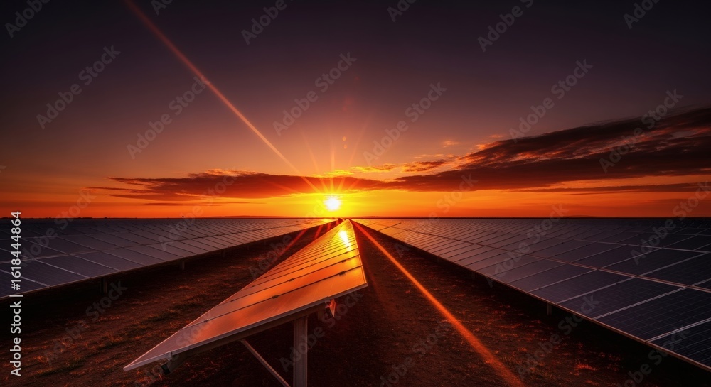 Obraz premium A vast solar farm stretches towards a vibrant sunset, with the sun's rays illuminating the panels and sky.