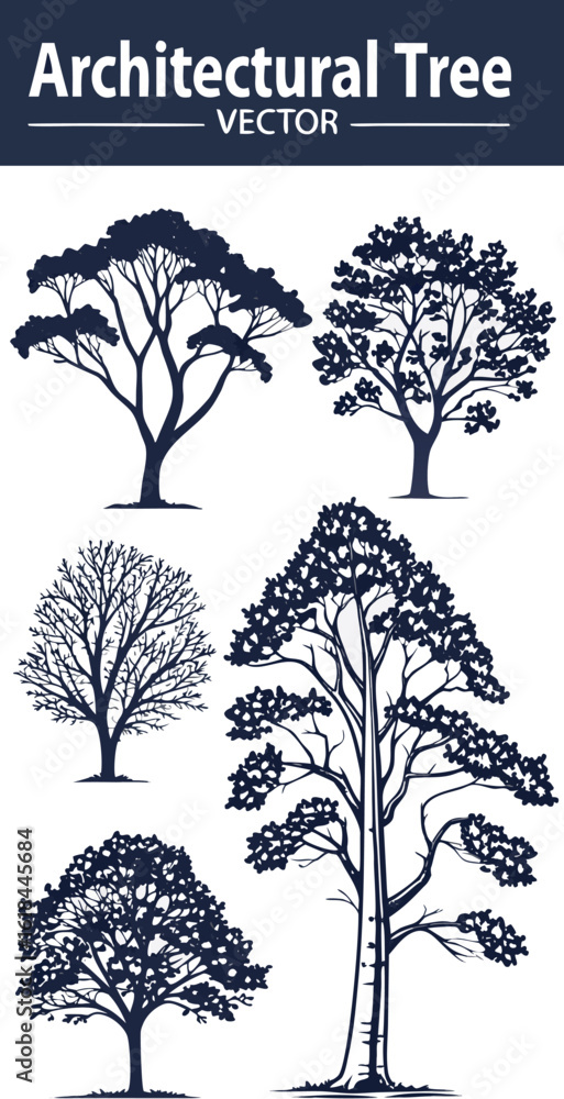 Obraz premium Set of 5 architectural tree illustrations vector