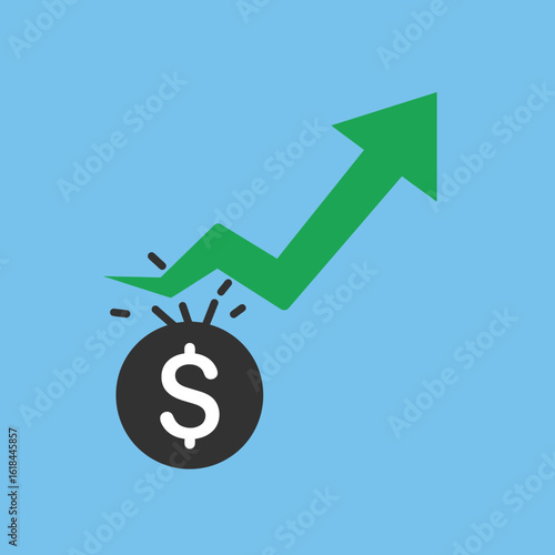 A green upward arrow pierces a coin with a dollar sign, symbolizing financial growth and success.
