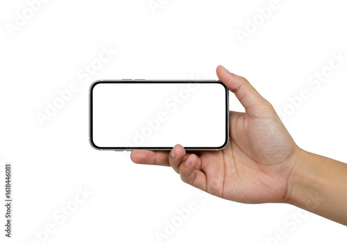 Human hand holding a modern smartphone horizontally with a blank screen isolated on transparent background