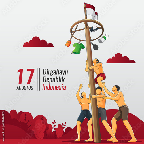 A festive celebration of Indonesian Independence Day with the traditional Panjat Pinang pole climbing game, showcasing community teamwork and spirit.