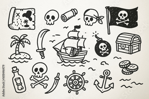 Pirate Adventure Doodle Icons – Nautical, Skull & Treasure-Themed Vector Elements