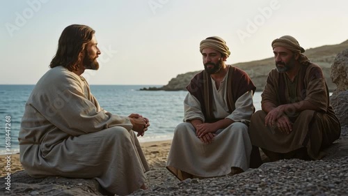 Jesus Christ, the Son of God, sits on a rocky beach and speaks to two men. Bible story about disciple on shore footage.