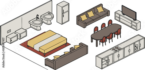 Isometric Home Interior Design Illustration on Transparent Background