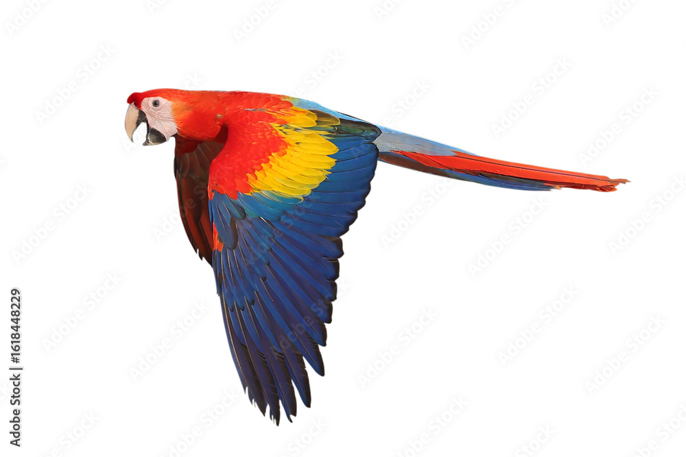 Fototapeta premium Colorful flying Scarlet Macaw parrot isolated on transparent background png file