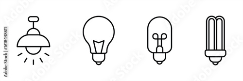 Lamp and Light Bulb Icon Collection in Minimalist Line Style Representing Ceiling Lamp, Classic Bulb, Vintage Bulb, and Energy Saving Lamp for Interior and Electricity Design