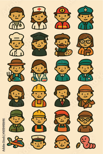 Collection of cute cartoon people in various professions and occupations 