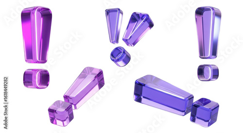 Rendered purple glass exclamation marks floating on white representing warnings alerts emphasis and notices for design elements