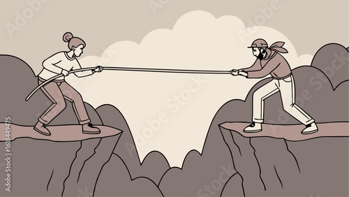 Two figures engaged in a tug of war across a chasm with a rope and rocky landscape in the background