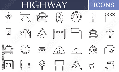 Road signs and vehicle icons for highway planning and navigation
