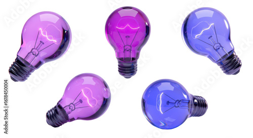 Five colored light bulbs arranged on a white background illuminating creativity and innovative concepts