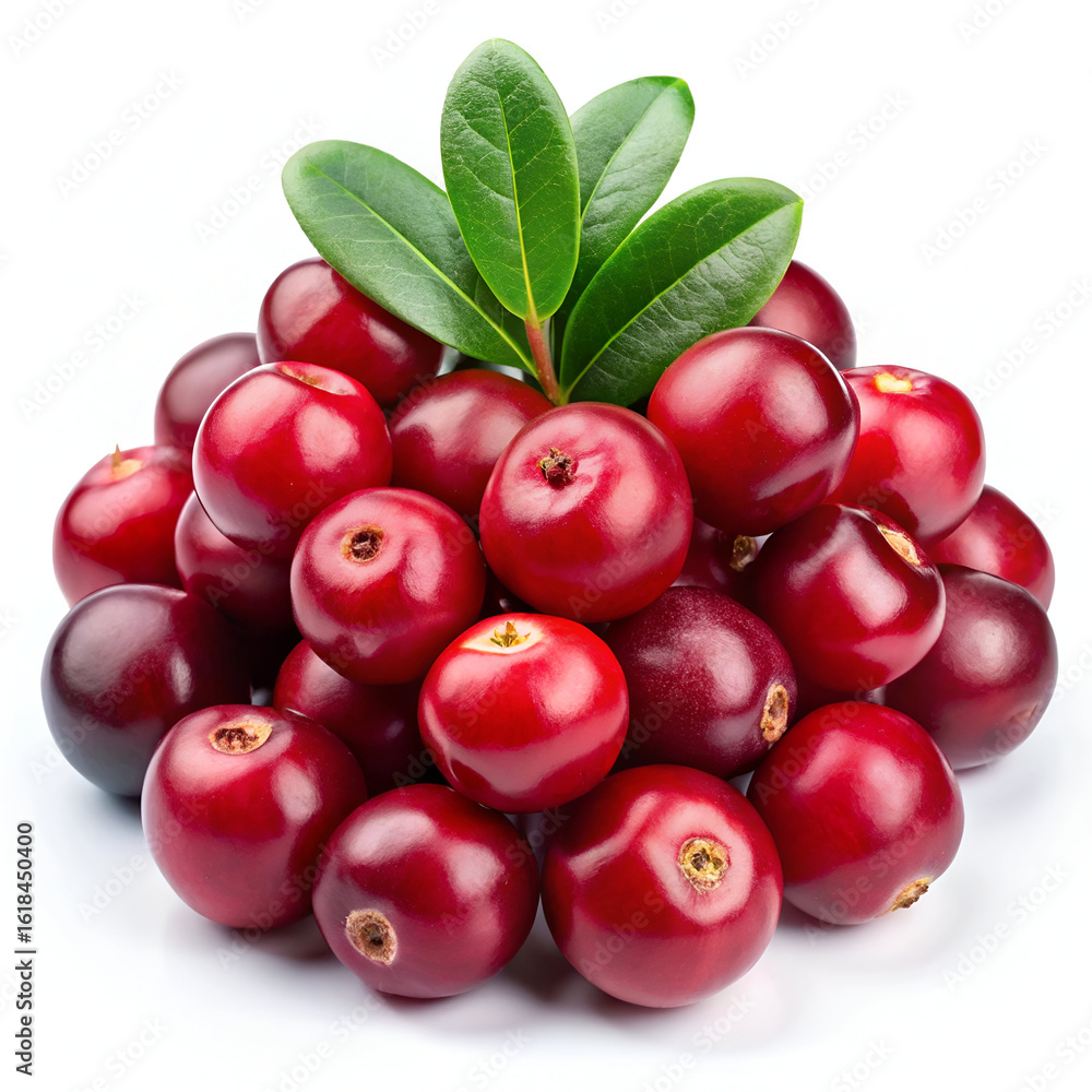 Obraz premium A pile of fresh red cranberries with leaves, isolated on a white background