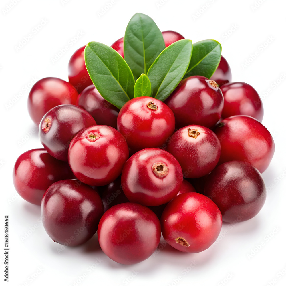 Obraz premium A pile of fresh, ripe cranberries with green leaves isolated on a white background