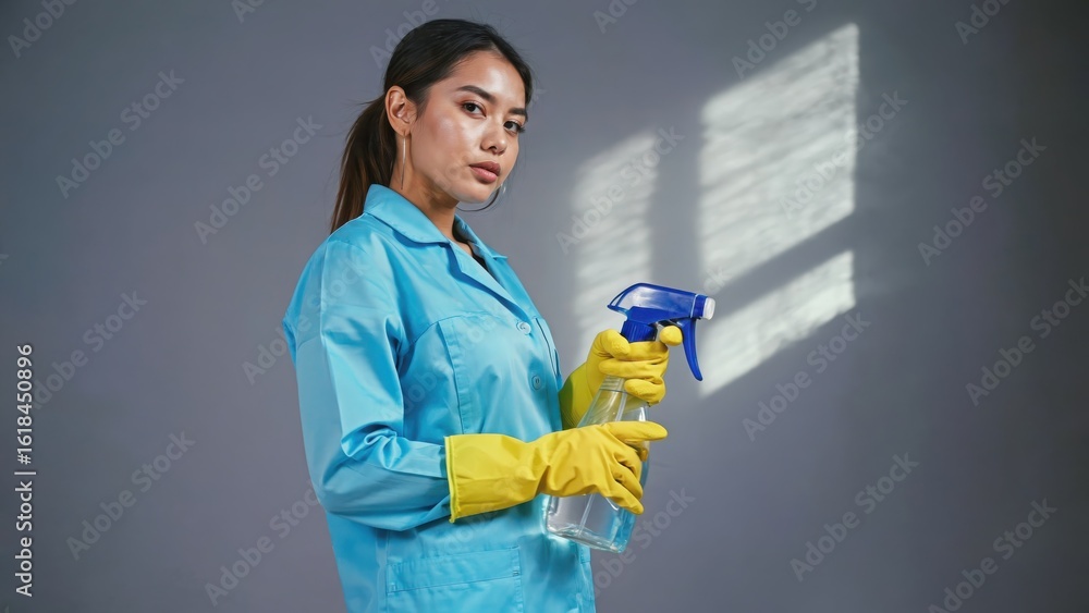 Cleaner in blue uniform with spray and gloves Cleaner in blue uniform with spray and gloves