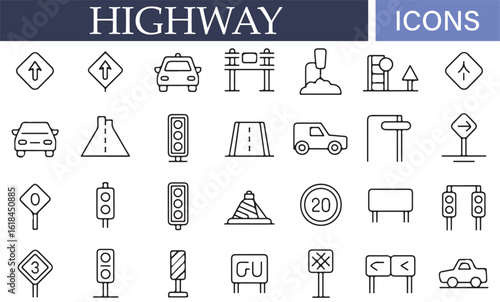 Icon set of highway traffic signs, vehicles, and construction symbols