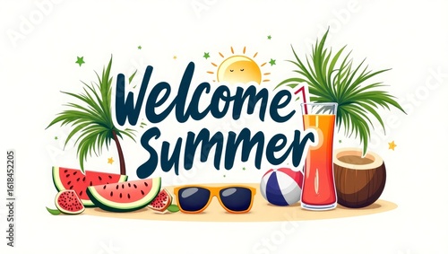 Tropical Summer Welcome Banner with Watermelon and Coconut Drink