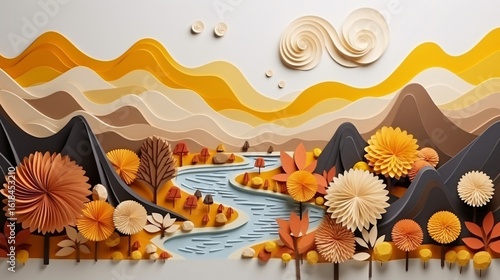 Paper landscape with mountains, river, trees