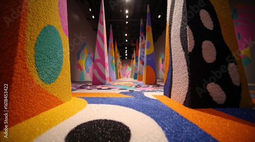 Colorful, textured pathway lined with cone shapes