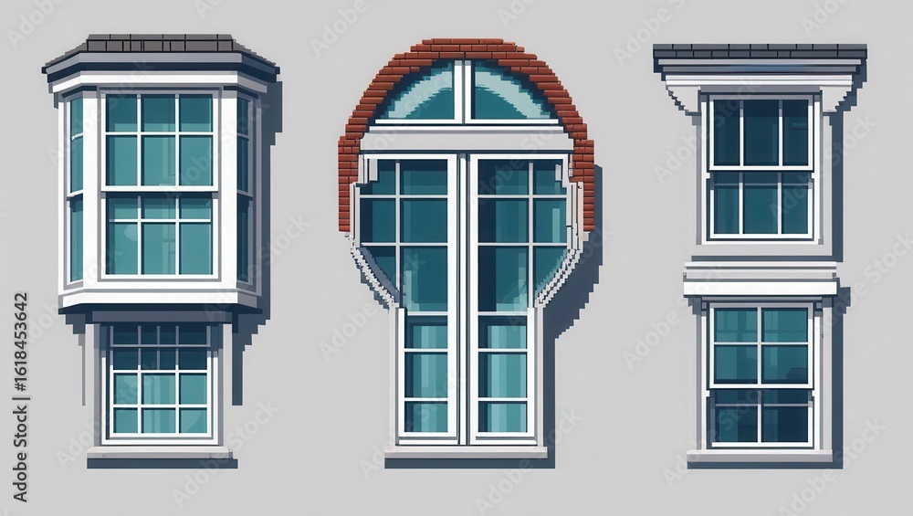Obraz premium Three distinct window styles bay arched and stacked rendered in a modern illustration