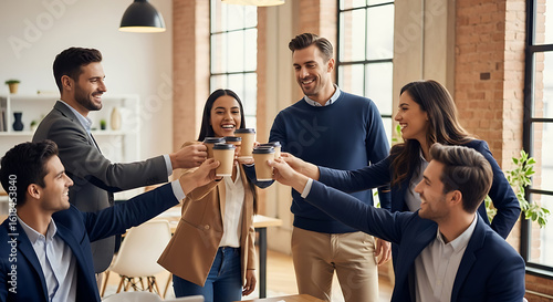 A diverse group of smiling business colleagues toasting with coffee cups in a modern office.
