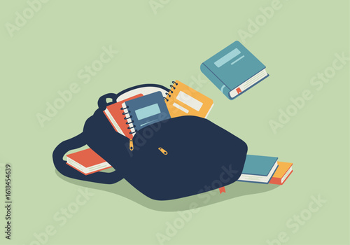 An illustration of an open school backpack with colorful books and spiral notebooks spilling out.