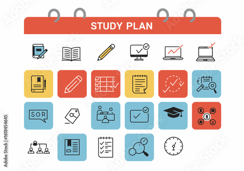A graphic illustration of a study plan concept, featuring a collection of icons for education, learning, scheduling, and academic achievement.