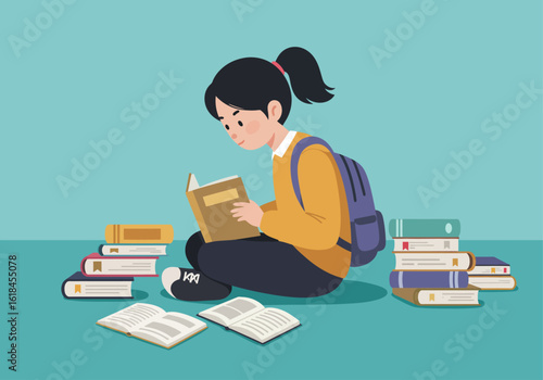 A young female student sits on the floor reading a book, surrounded by many stacks of books.