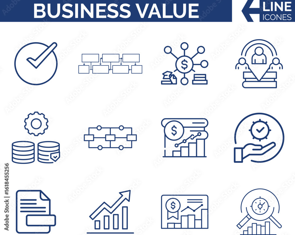 Fototapeta premium Modern Business Value and Growth Icon Set. Profit, ROI & Growth, Strategy, Brand & Customer Benefit, Success, Metrics & Impact, Competitive Edge, Performance & Excellence Icon Bundle.