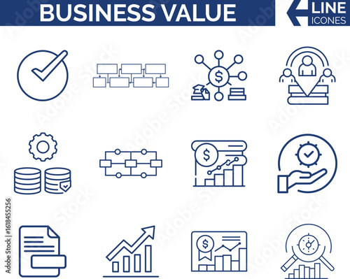 Modern Business Value and Growth Icon Set. Profit, ROI & Growth,  Strategy, Brand & Customer Benefit, Success, Metrics & Impact, Competitive Edge, Performance & Excellence Icon Bundle.