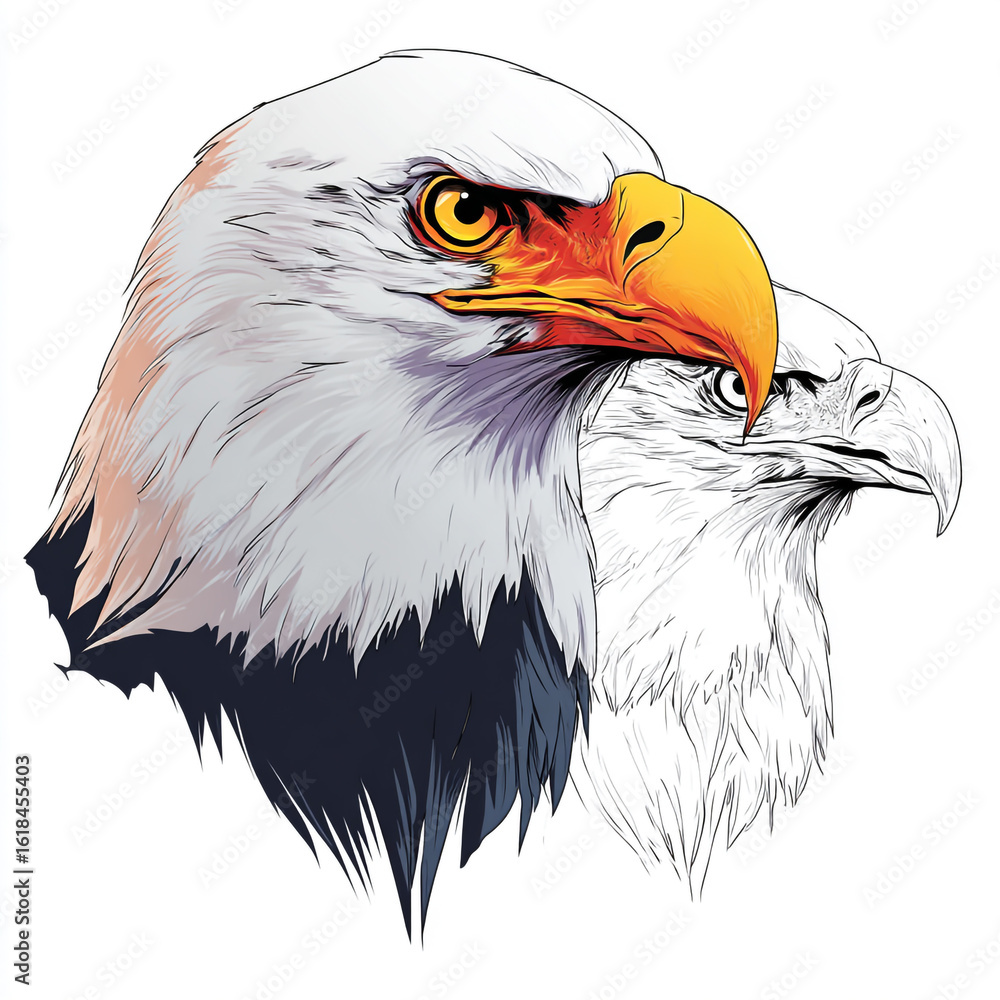 Fototapeta premium Two eagle heads are depicted in a graphic illustration style