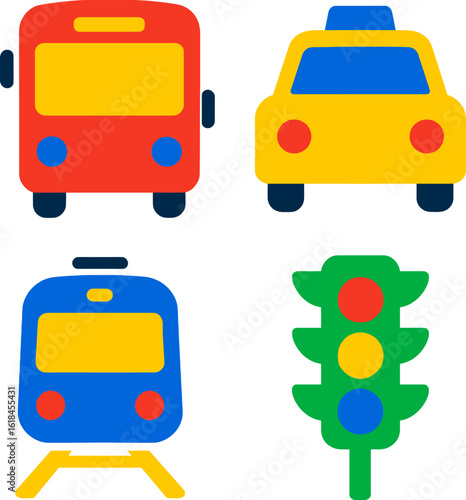 Colorful vector set of transport icons including cars buses trucks and other vehicles for travel and delivery concepts
