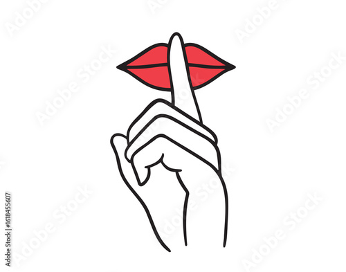 hand on lips symbol for do not disturb doodle hand drawn icon. Outline drawing request for silence or please do quiet, silence line clipart symbol