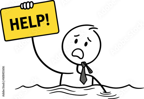 Stick figure drowning holding help sign vector illustration seeking assistance rescue now vector