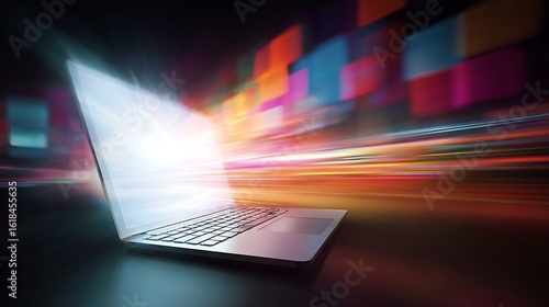 Wallpaper Mural Laptop computer emitting bright light and colorful motion blur abstract background, technology concept Torontodigital.ca