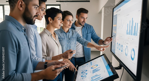 A diverse team of business professionals collaboratively analyzing data charts on a large interactive screen in a modern office.